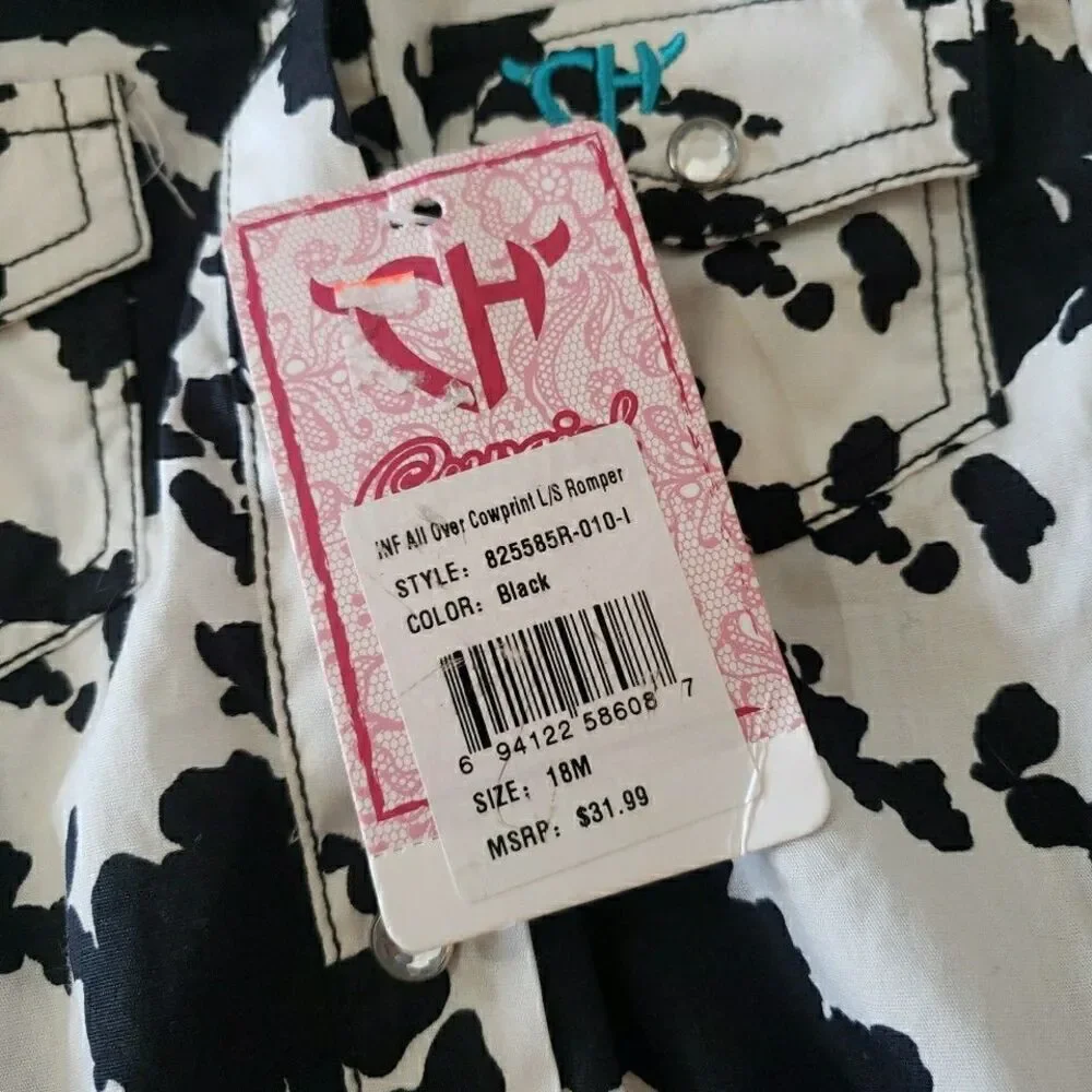 NWT Cowgirl Hardware 18M Girls Cow Print Black White Long Sleeve Romper Long NEW